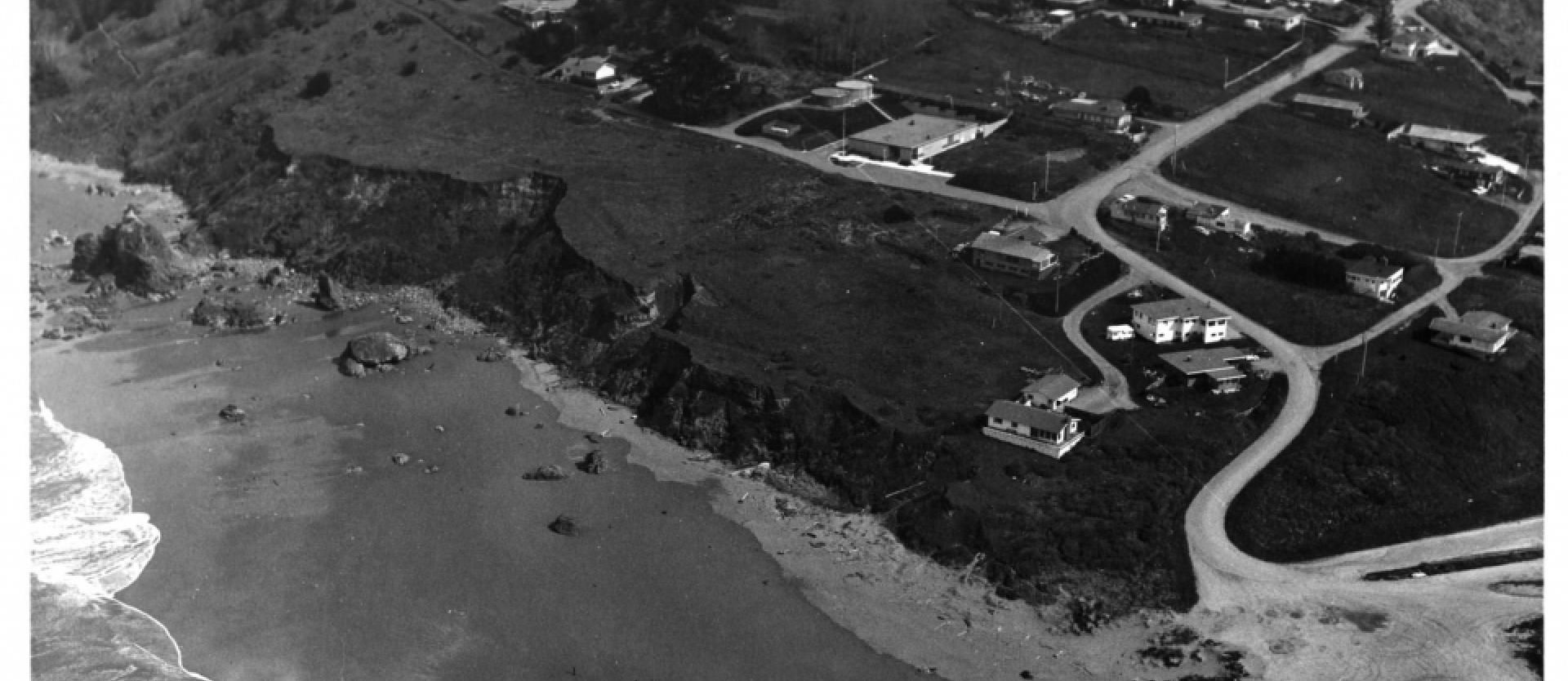 Trinidad and the marine lab in the late 1960s, before the lab was expanded. Note the absence of ocean front homes near the lab at that time. Photo: Humboldt.