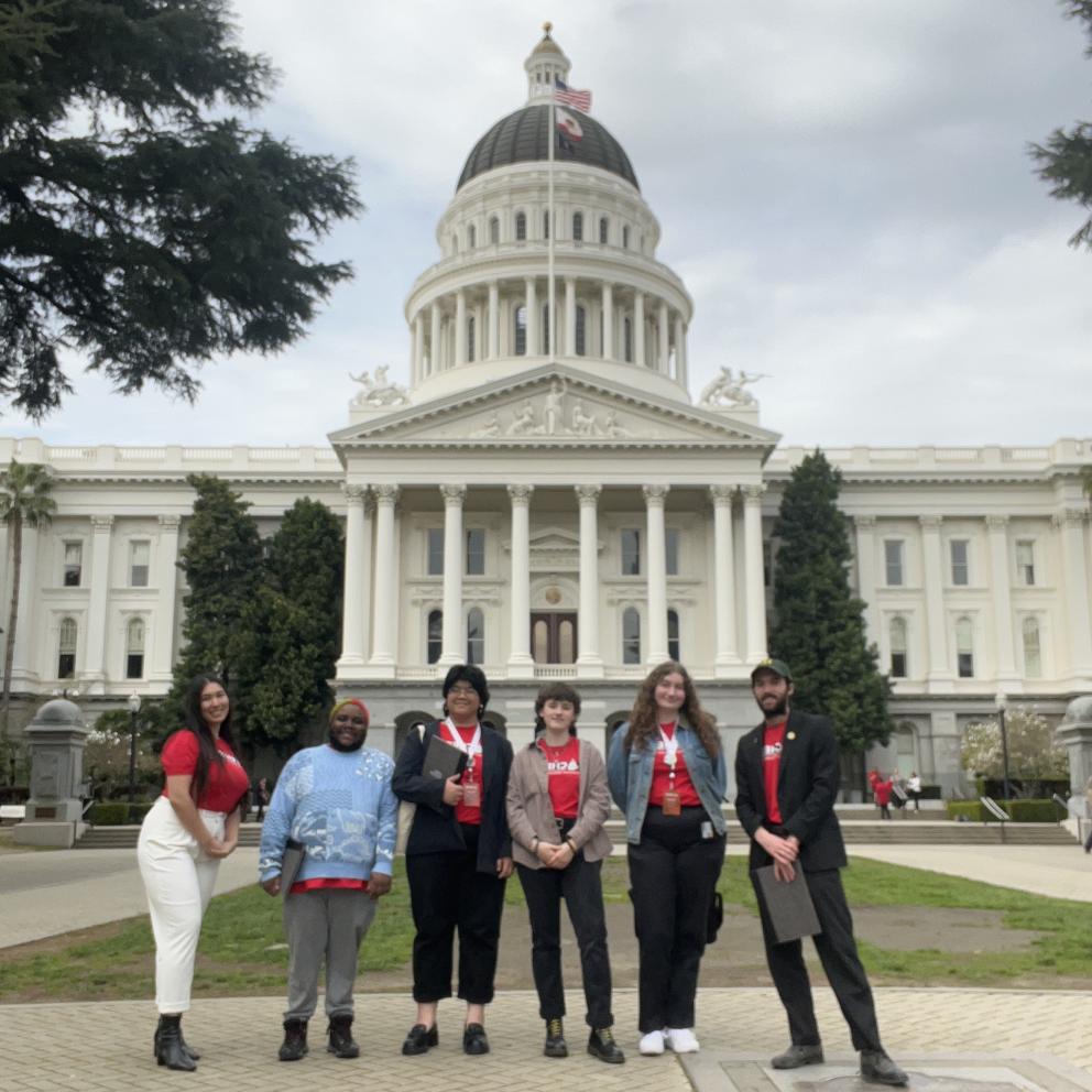 Students pose in front of state capitol