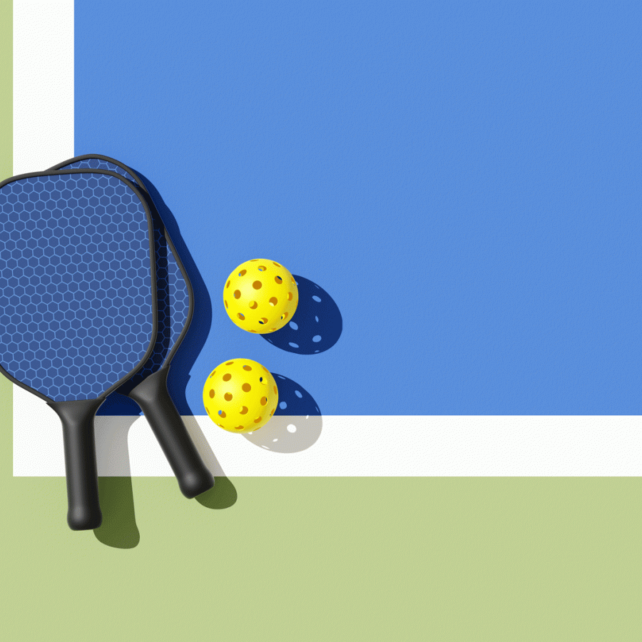 Two pickleball paddles and balls on the corner of a pickleball court