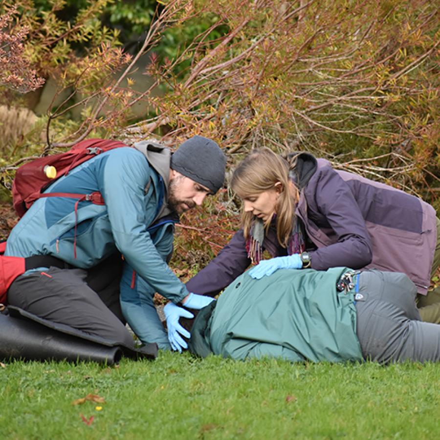 Woman and Man securing the spine of a patient in an outdoor setting