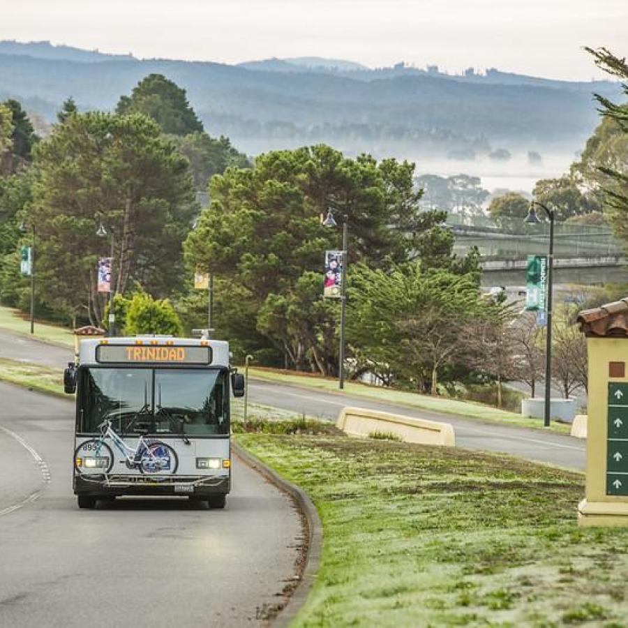 Bus driving past campus