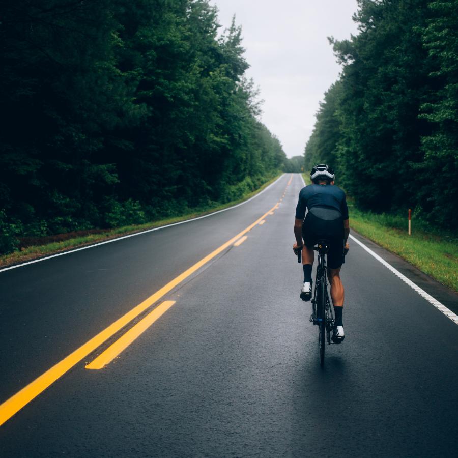 A single bicyclist riding with their back facing the viewer. They are on a paved road leading straight forward with large trees lining both sides of the road all the way into the distance