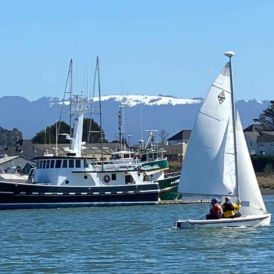 A small white sailboat passing from left to right in the foreground with 3 people on it and white sails billowing. A green boat is in the background behind the sail boat. Further in the background are snow covered mountaintops and blue sky