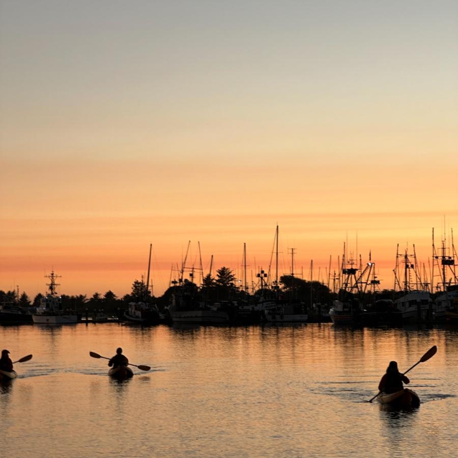 Two silhouettes of kayakers paddling in water, with silhouettes of larger boats behind them. It is sunset, so there is an orange glow in the sky reflecting off of the water