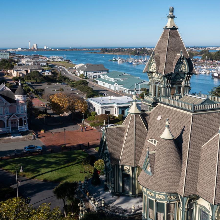 An aerial view of the town of Eureka California. There is a victorian style mansion in the foreground with large steepled towers. In the background are more, smaller buildings among many trees. In the background is a waterway with a large marina filled with docked boats