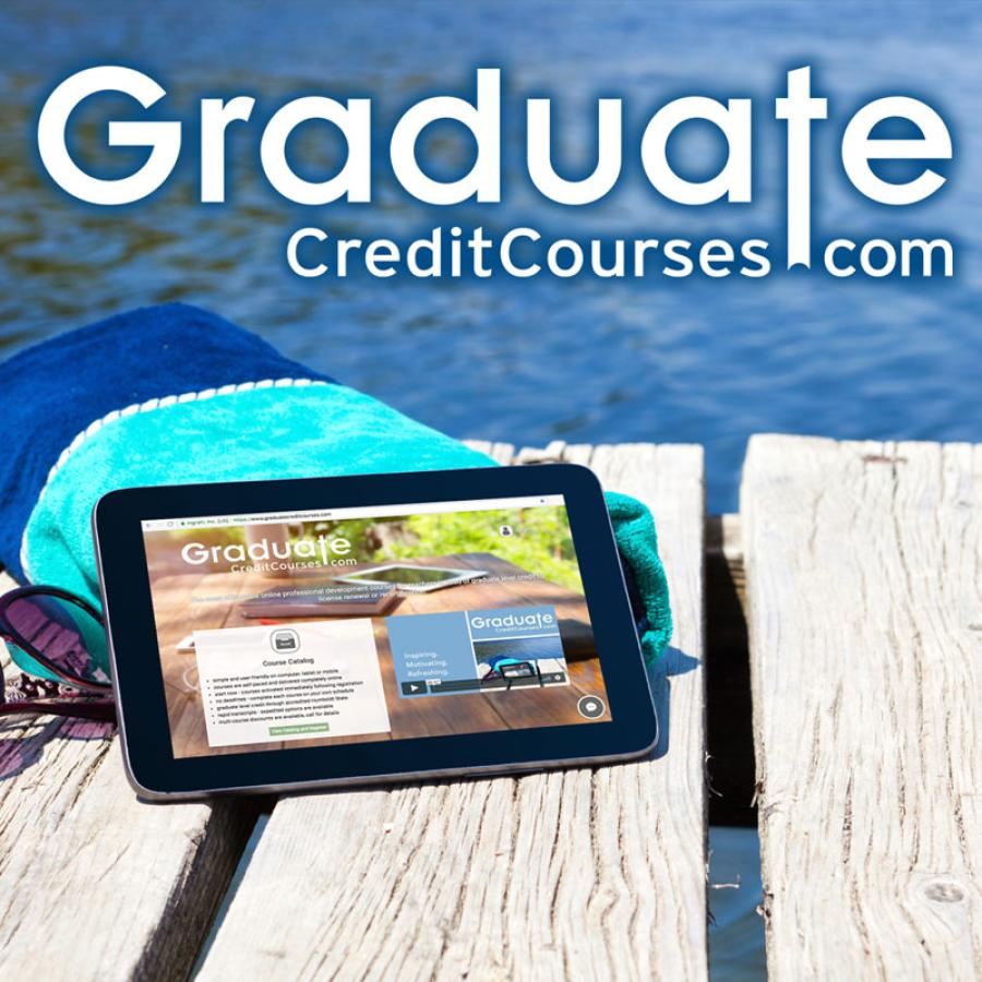 GraduateCreditCourses.com - tablet device, towel, and sunglasses on a lakeside dock