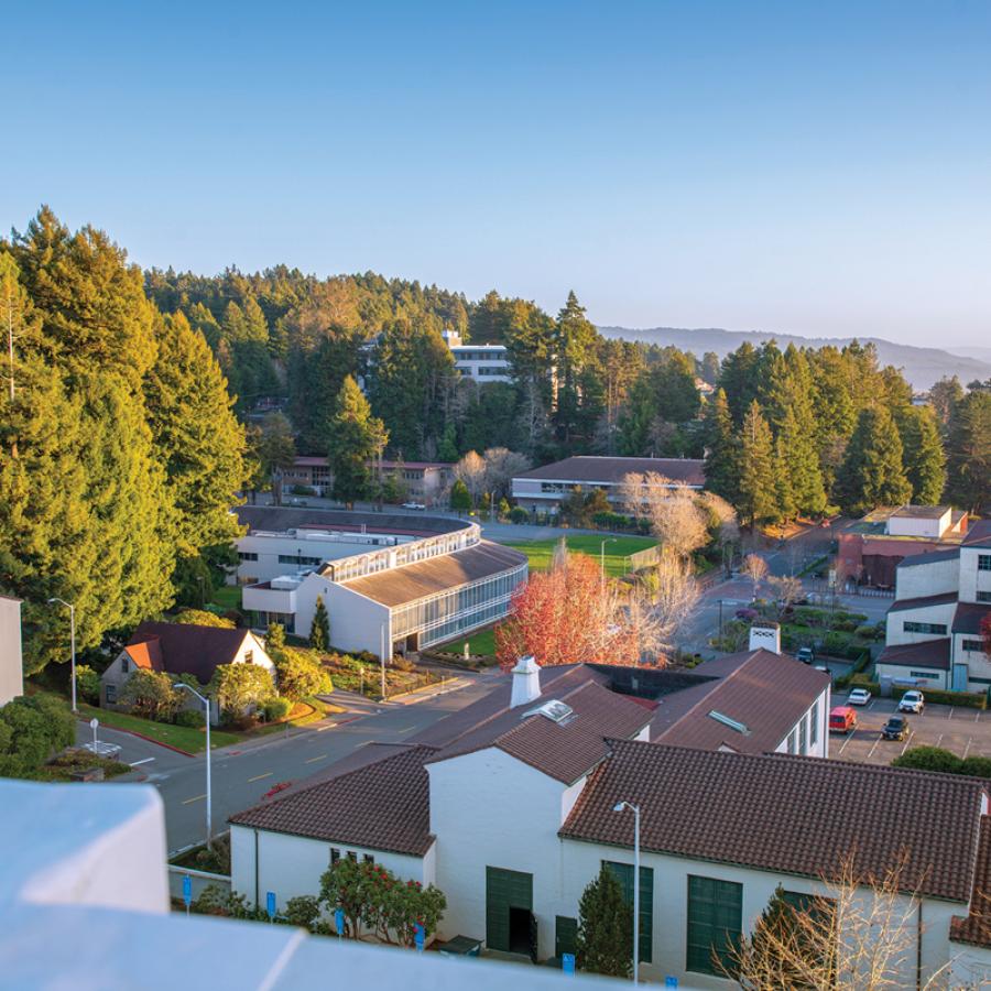 Cal Poly Campus view with trees and buildings