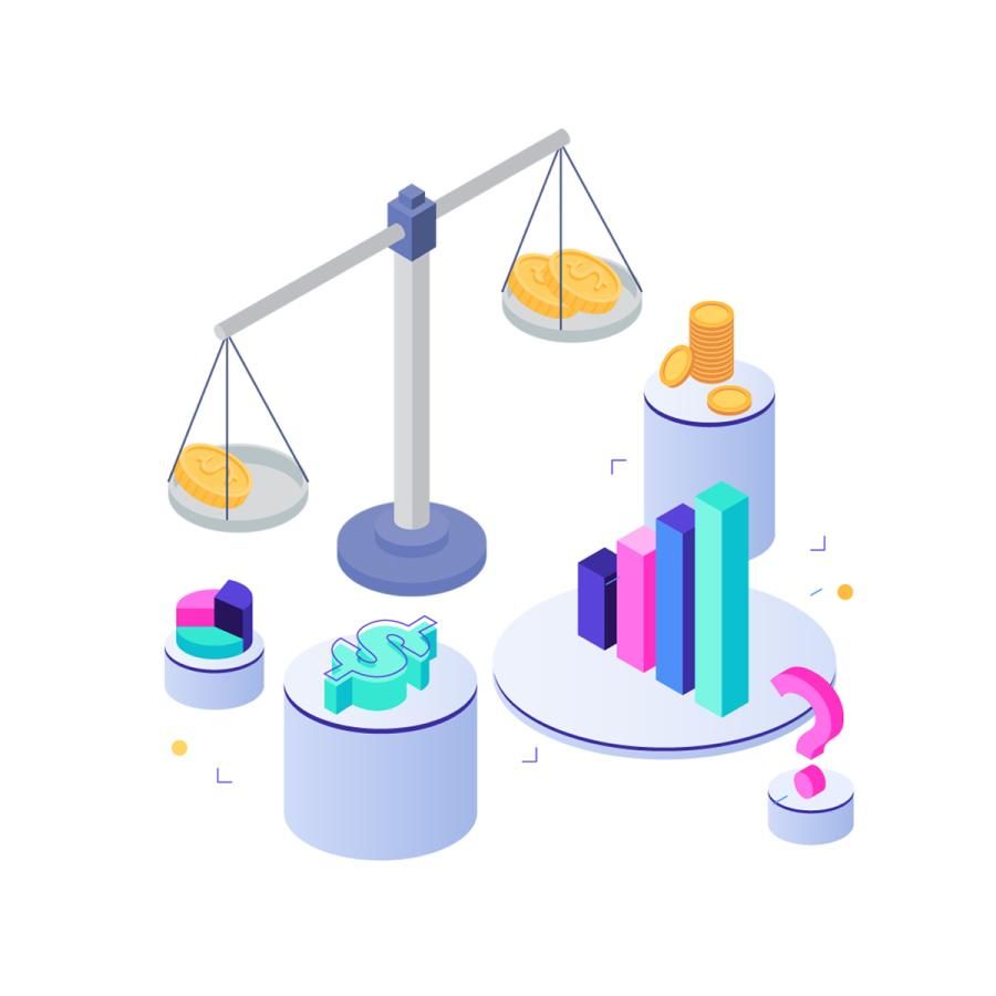 scales with coins, dollar sign, bar and pie graphs
