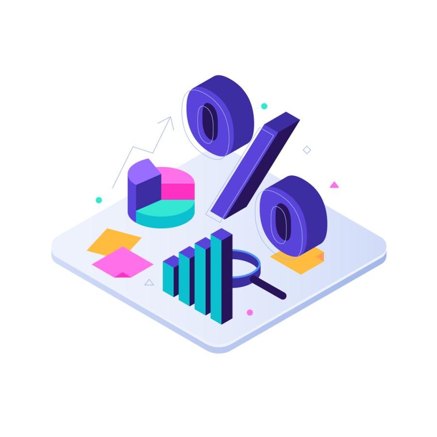 bar graph, pie chart, and percent sign