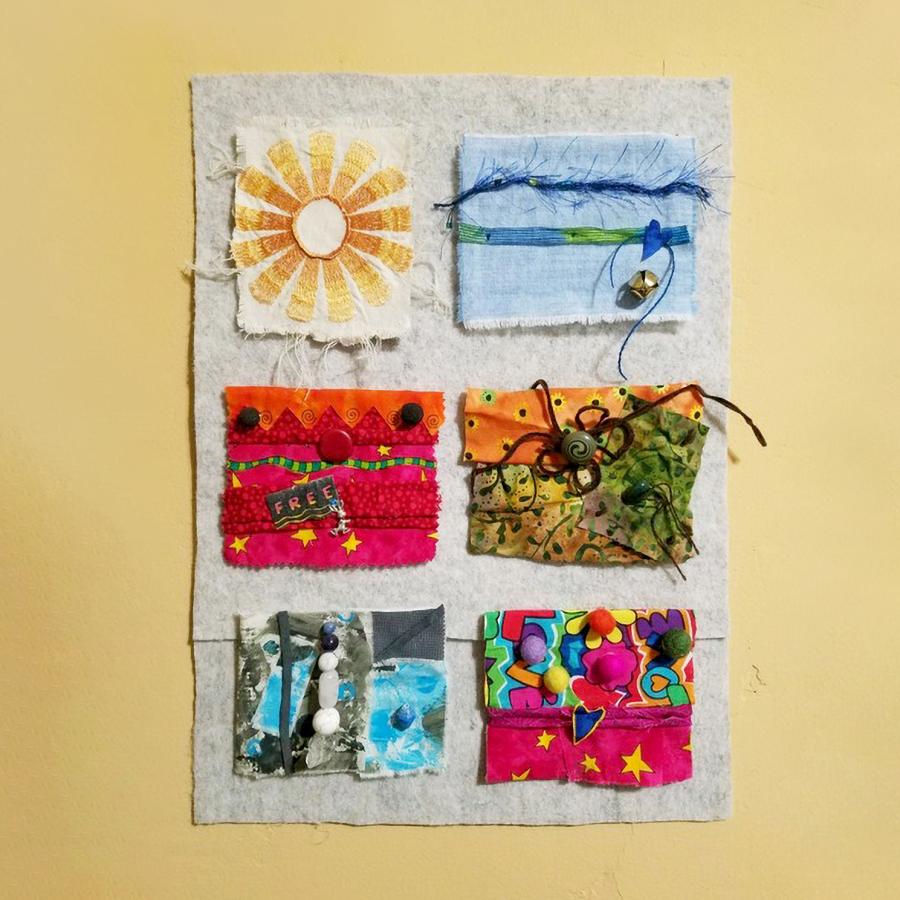 Examples of slowstitching with colorful fabrics, beads, and textures