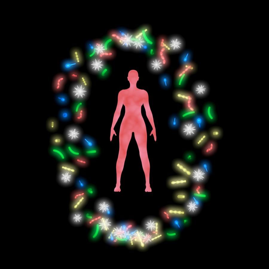 Illustration of a human body surrounded by microbiome