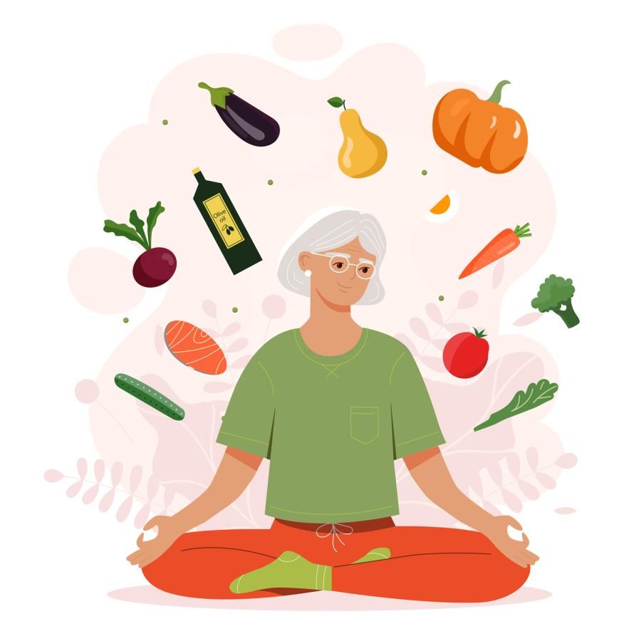 Older woman sitting crosslegged with healthy foods floating above her