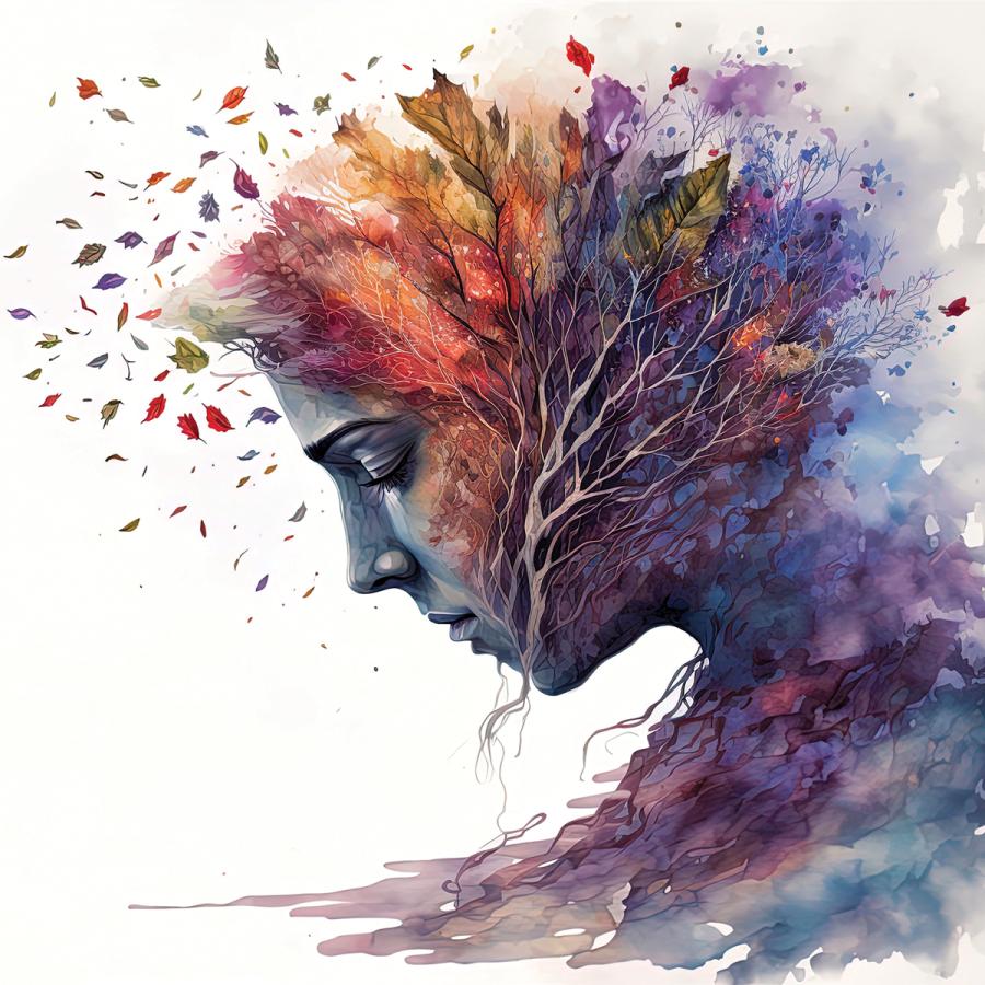 Side profile of woman with tree and leaves superimposed over her head Side profile of woman with tree and leaves superimposed over her head