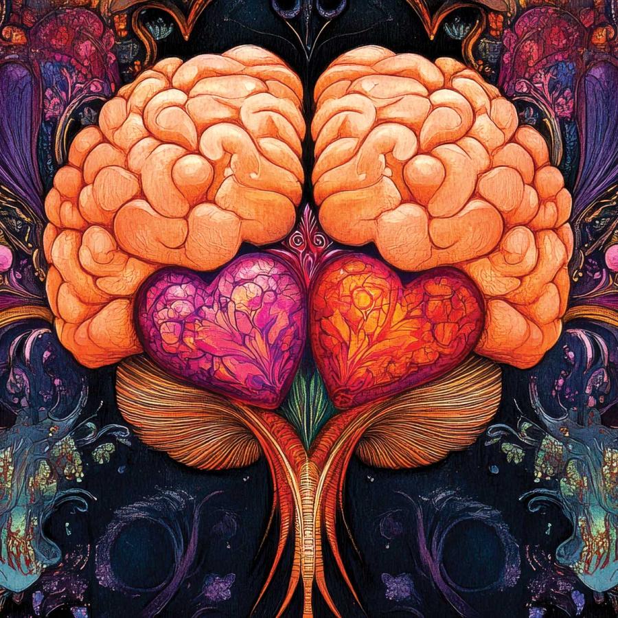 Psychedelic image of the human brain with hearts Psychedelic image of the human brain with hearts
