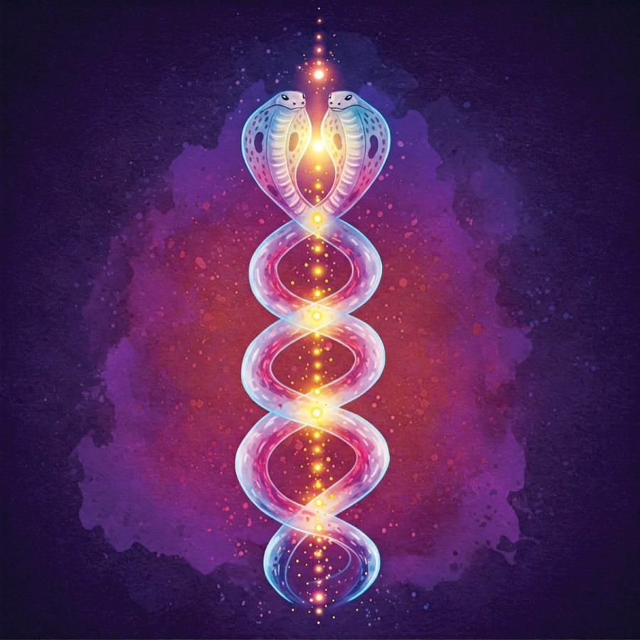 artistic representation of Kundalini serpent energy; two snakes coiled around a central column of light and energy points artistic representation of Kundalini serpent energy; two snakes coiled around a central column of light and energy points