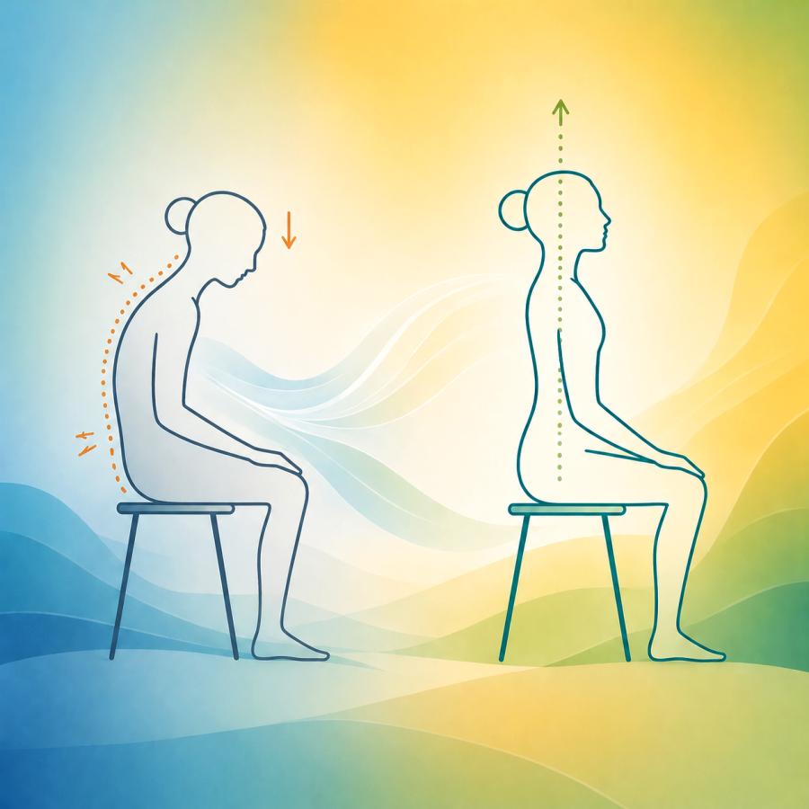 illustration of a woman sitting with painful posture, and sitting in balanced posture illustration of a woman sitting with painful posture, and sitting in balanced posture