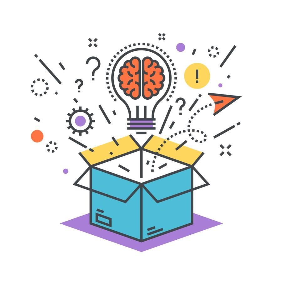 light-bulb/brain and colorful symbols emerging out of an open box