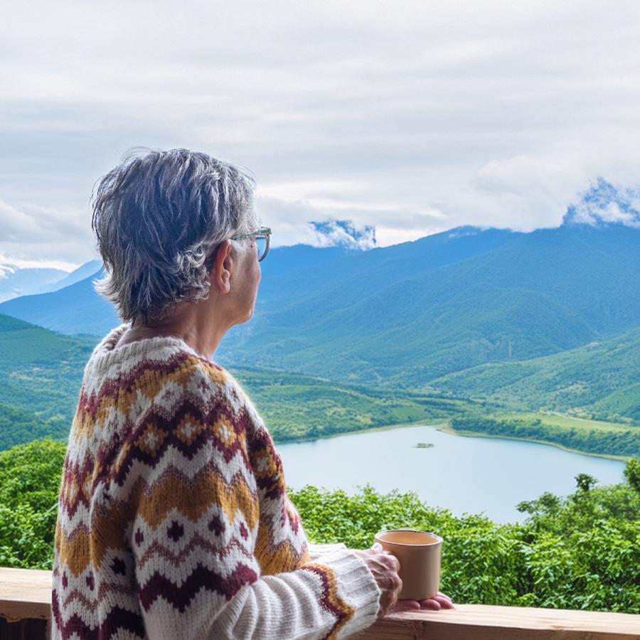 Older woman with a cup of coffee, standing on her deck, looking out at mountain lake Older woman with a cup of coffee, standing on her deck, looking out at mountain lake