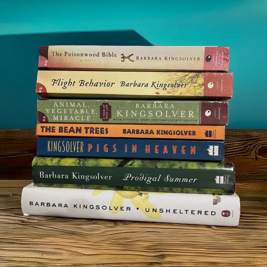 A stack of books by Barbara Kingsolver A stack of books by Barbara Kingsolver
