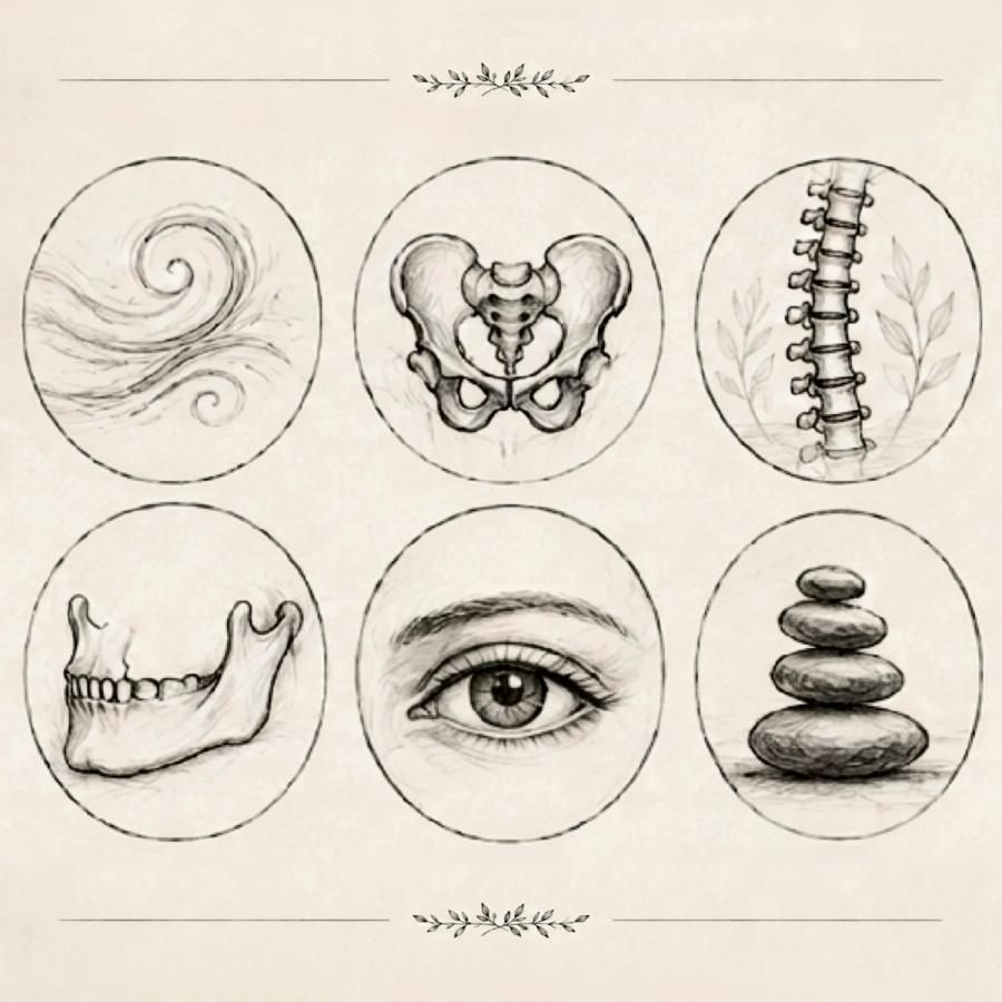 Drawing of breath, pelvis, spine, jaw, eye, and stones Drawing of breath, pelvis, spine, jaw, eye, and stones