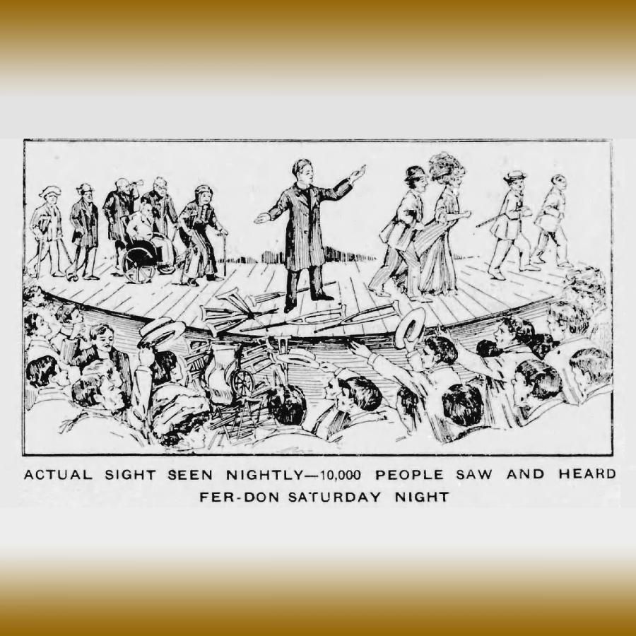 Vintage illustration from newspaper of the Great Fer-Don presenting to an audience: "Actual sight seen nightly -- 10,000 people saw and heard Fer-Don Saturday night" Vintage illustration from newspaper of the Great Fer-Don presenting to an audience: "Actual sight seen nightly -- 10,000 people saw and heard Fer-Don Saturday night"