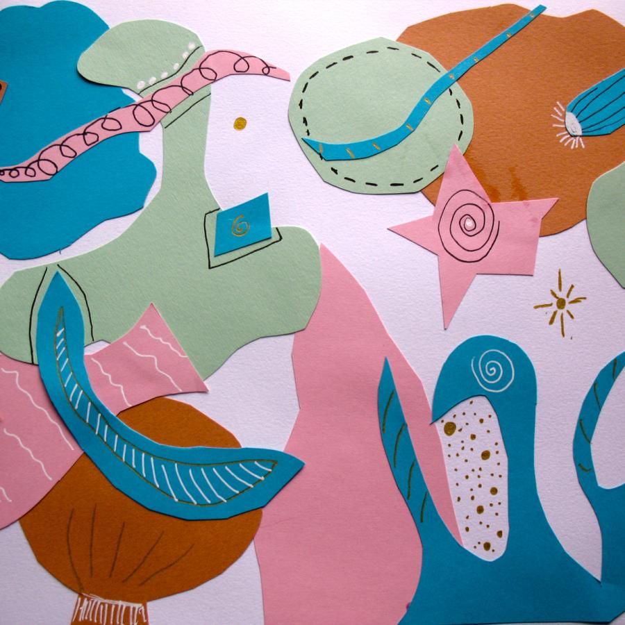 Paper cutout collage of various organic ocean shapes in pink, blue, and green by Louise Bacon Ogden Paper cutout collage of various organic ocean shapes in pink, blue, and green by Louise Bacon Ogden