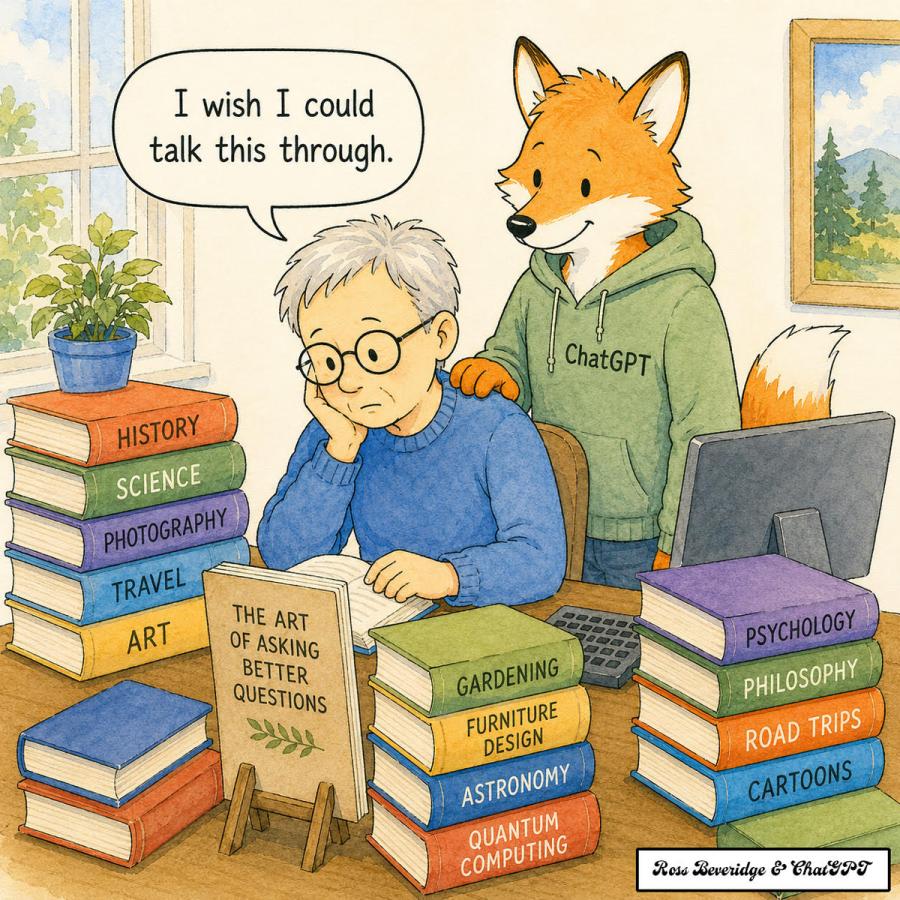AI cartoon of a man with several books (history, science, photography, art, furniture design, road trips, etc.), saying "I wish I could think this through" with a fox putting its paw on his shoulder, and wearing a sweatshirt saying "ChatGPT" AI cartoon of a man with several books (history, science, photography, art, furniture design, road trips, etc.), saying "I wish I could think this through" with a fox putting its paw on his shoulder, and wearing a sweatshirt saying "ChatGPT"