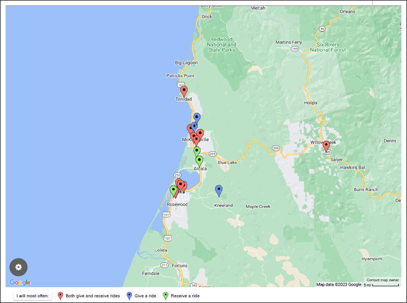 Map showing locations of Ride Match Participants and whether they want a ride, can give a ride or both. This map gets sent to participants when they sign up for the ride match service