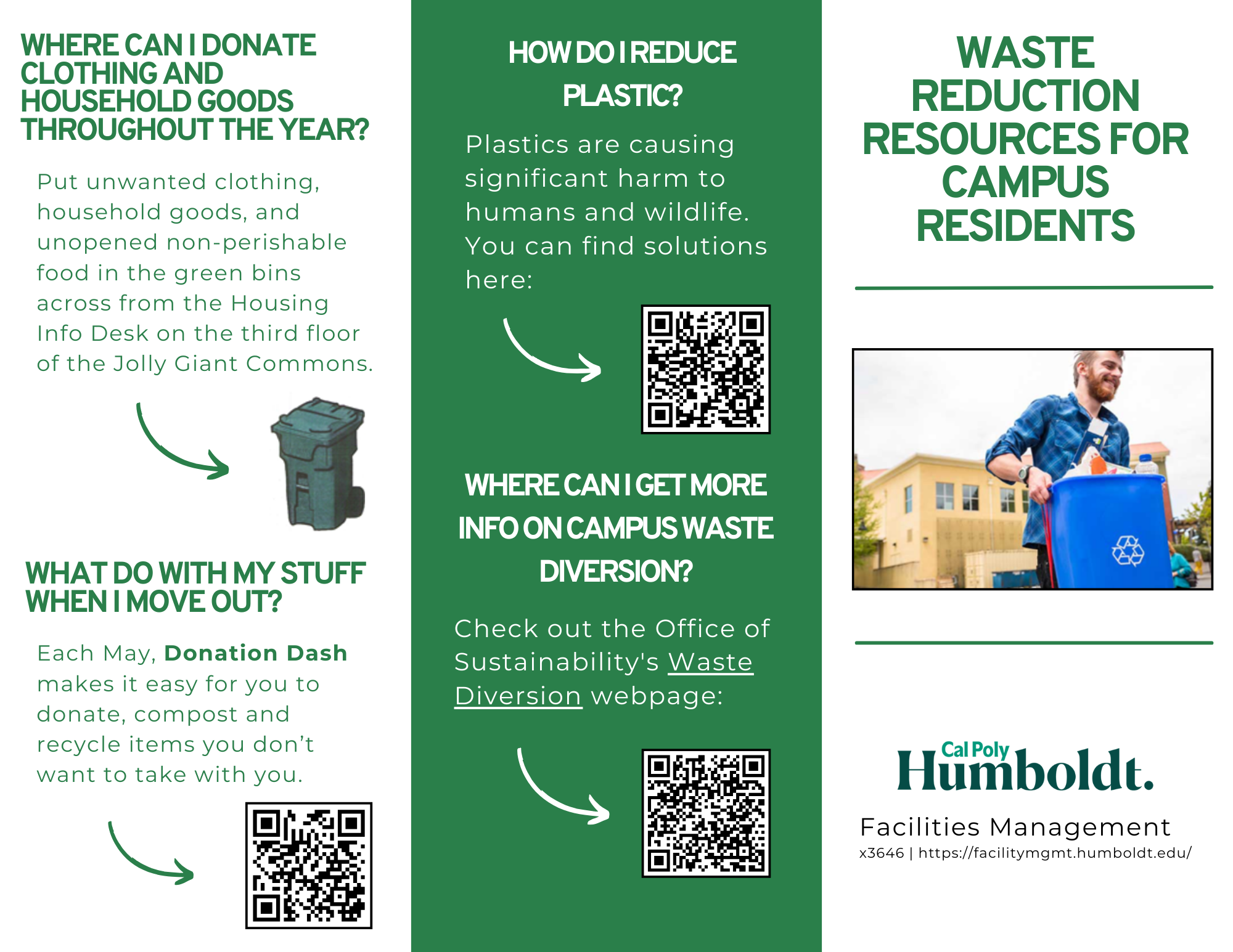 First page of a trifold with information for students on reuse, recycling, composting and responsible landfill on campus