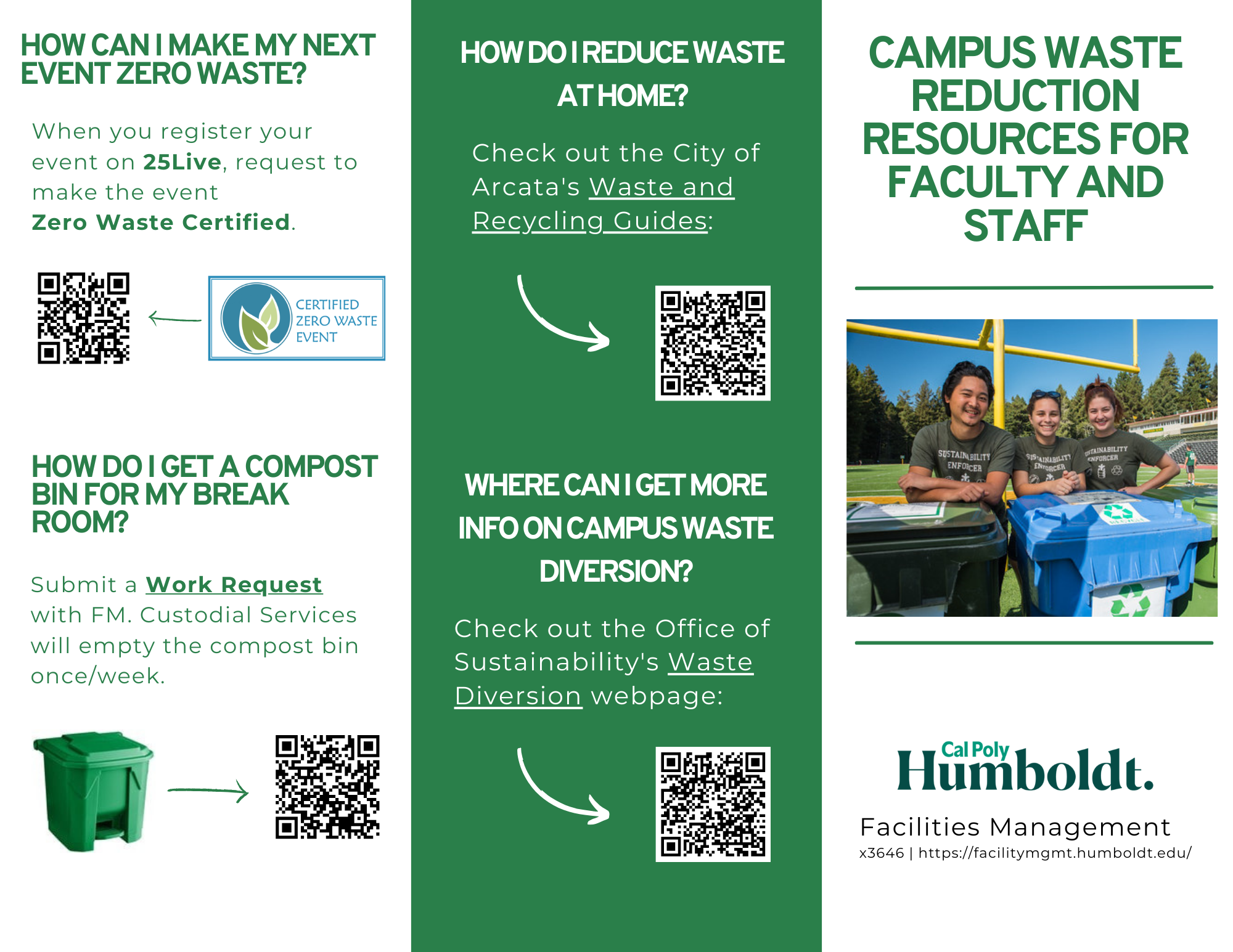 First page of a trifold with information for faculty and staff on reuse, recycling, composting and responsible landfill on campus