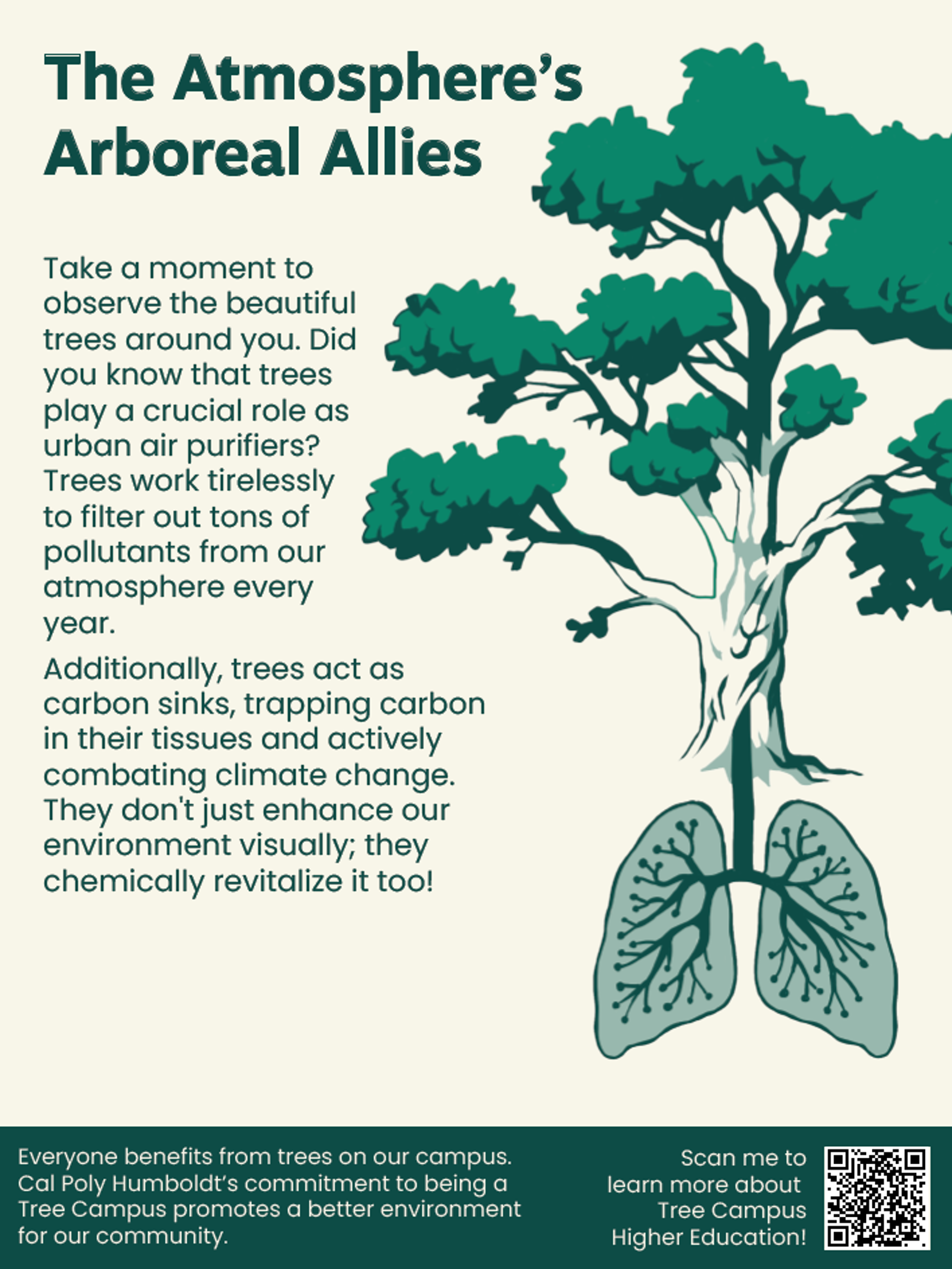 Poster titled, The Atmosphere's Arboreal Allies. Trees play a crucial role as air purifiers, filtering out pollutants from the atmosphere each year. Trees also trap carbon to help combat climate change.