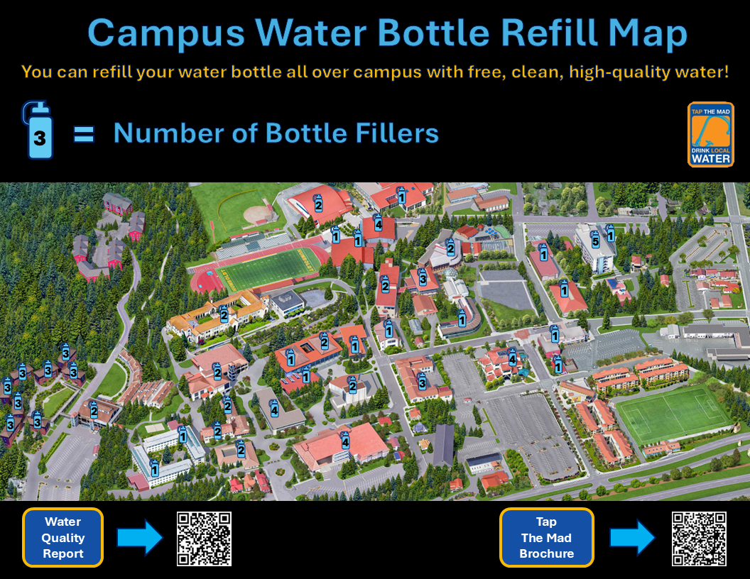 map of campus showing locations of water bottle fillers