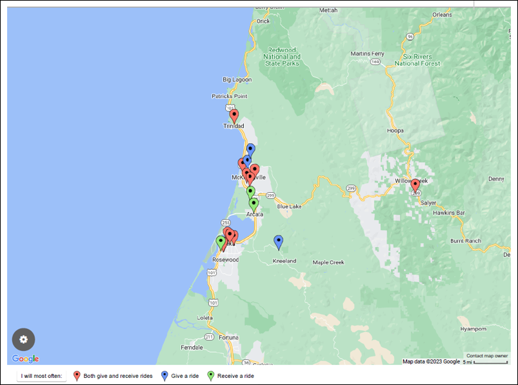 screenshot of a BatchGeo Map showing locations of participants in the RideMatch carpool program