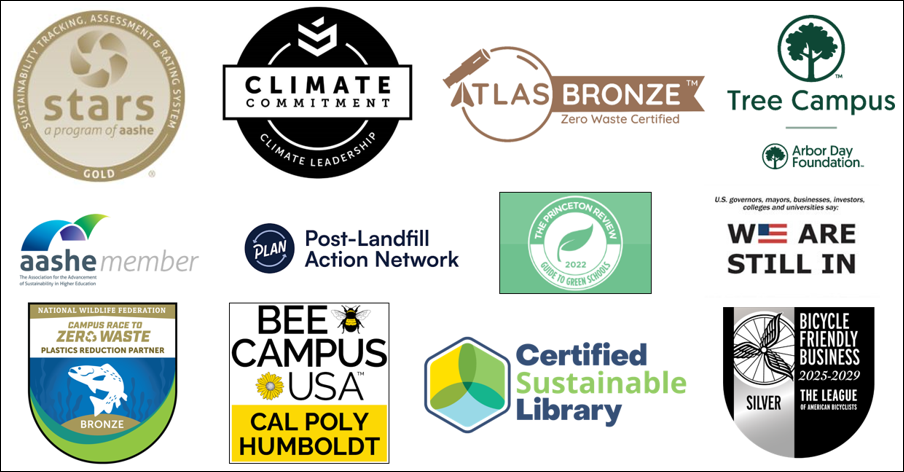 Badges and logos identifying the university's sustainability recognition and commitments. Click on the links below to learn more about these Points of Pride
