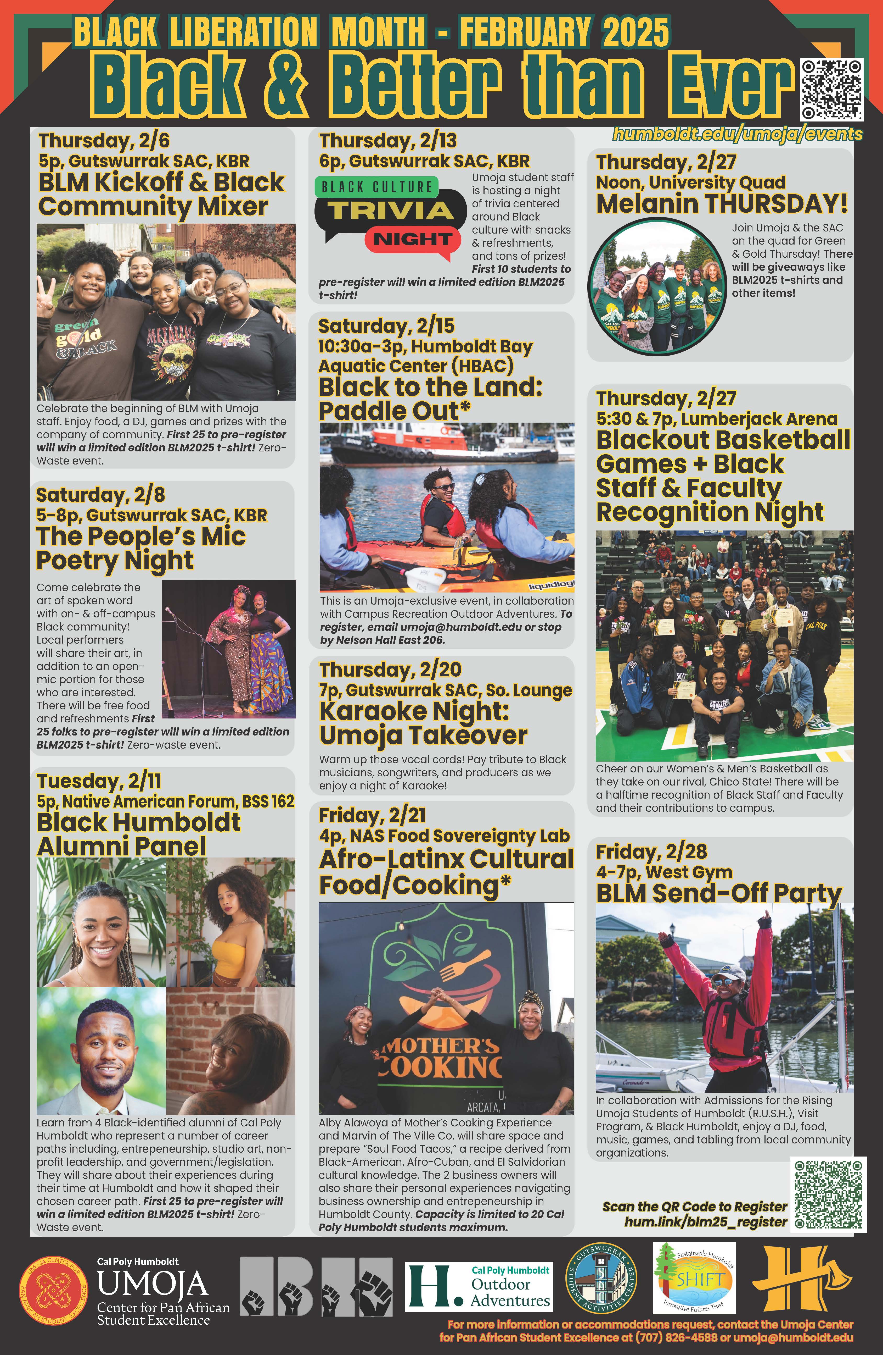 A calendar of all the events for Black Liberation Month has green, gold, red color schemes with a black background. Features photos of students, guest speakers, and more, as well as logos of all collaborators that include the Gutswurrak Student Activity Center, Humboldt Athletics, SHIFT, Black Humboldt, and the NAS Food Sovereignty Lab.